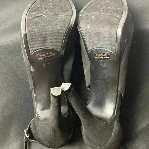 MARC FISHER WO SIZE 8.5 BLACK SUEDE 5” HEEL FRONT PLATFORM HEEL ANKLE STRAPS - Picture 10 of 16